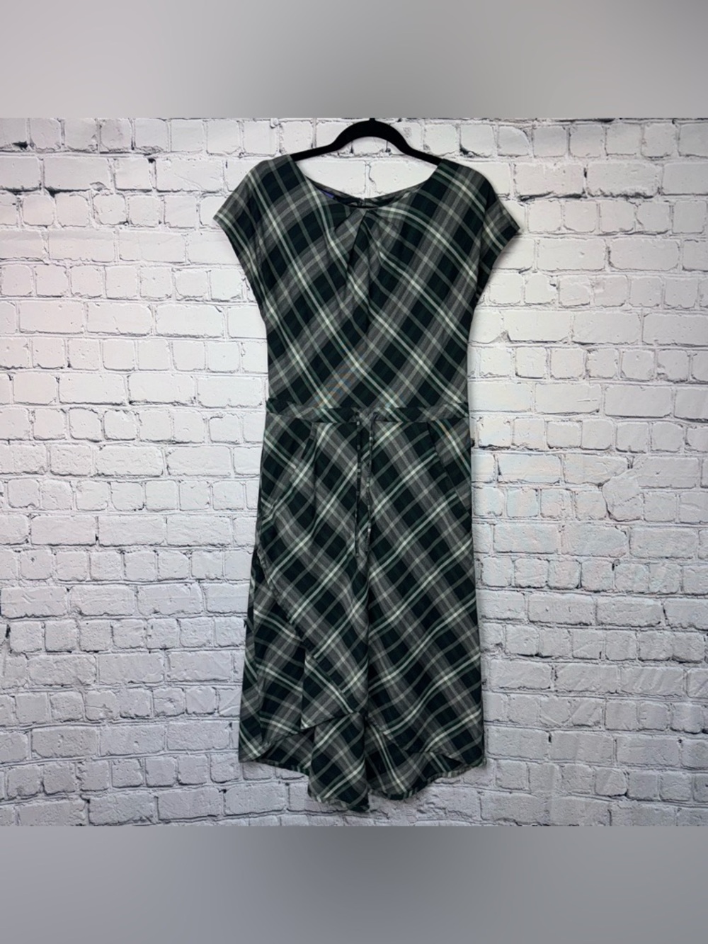 Patagonia San Benito Drawstring Waist Green Gray Plaid High-low Midi Dress Sz 2